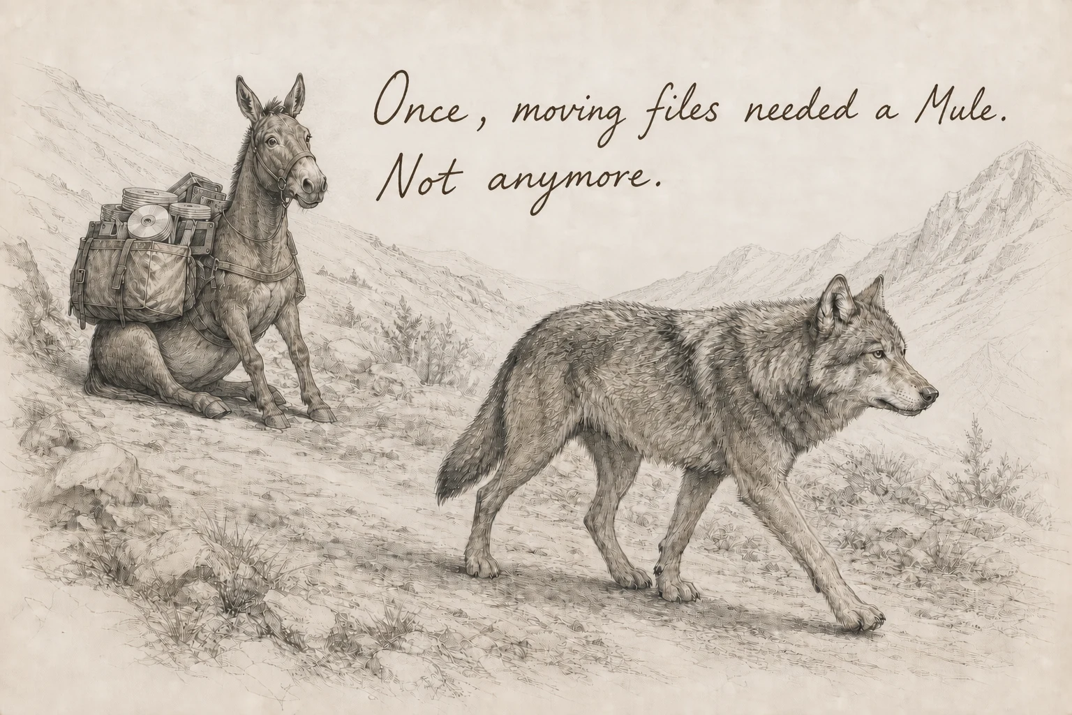 An old mule carries compact discs and diskettes along a winding road while a young wolf takes a direct trail.