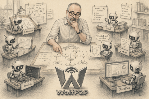 Pencil illustration of the human architect reviewing a scheme with AI-assisted Architecture, UI, Product, Legal, Content, and Operations authorities around a shared worktable, with a three-dimensional WolfP2P logo in front.